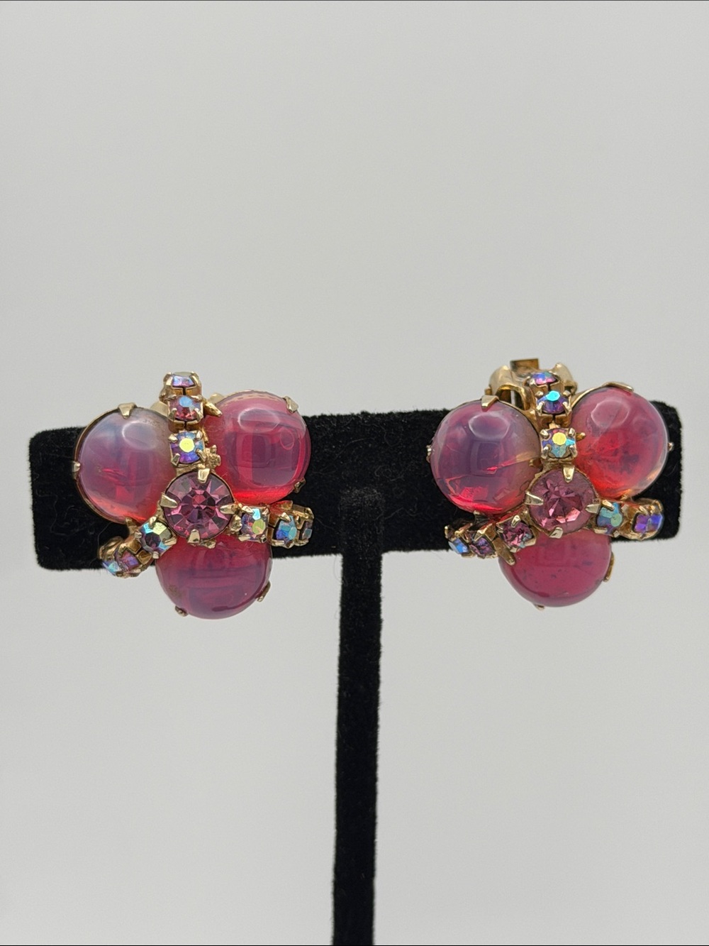 WEISS Pink Cluster Cabochon Earrings - Gold Tone SIGNED